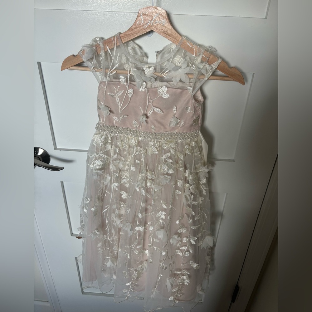 Little Girls 4X Cap Sleeve Pearl Waist Floral Embroidered Scalloped Hem